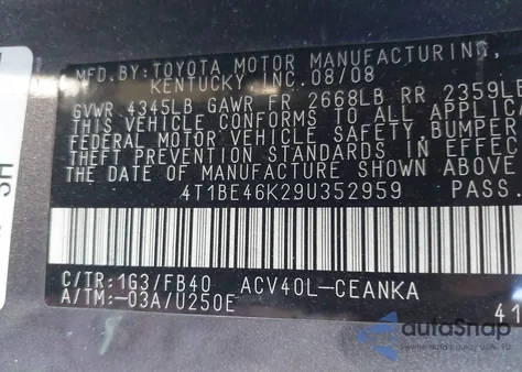 2009 Toyota Camry Le из США, поврежденный, VIN 4T1BE46K29U352959